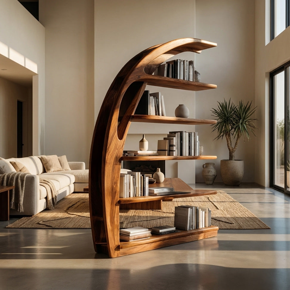 Minimal Curved Wooden Bookshelf For Living Room Display