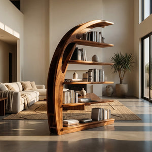 Minimal Curved Wooden Bookshelf For Living Room Display