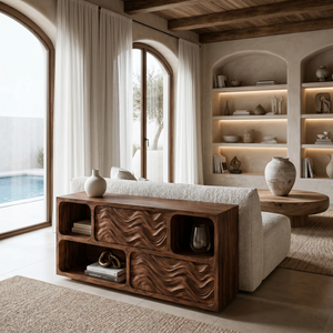 Modern Console Table With Carved Doors And Open Shelves For Entryway