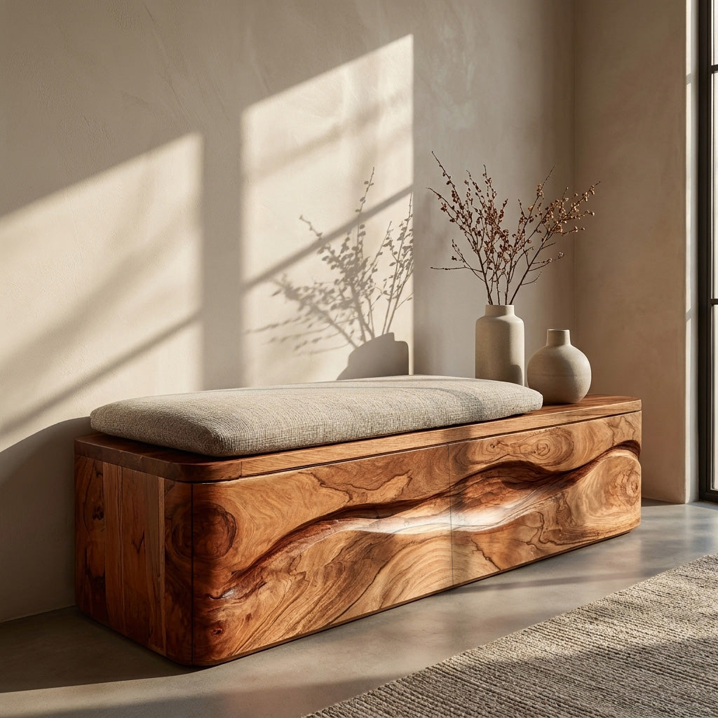Modern Natural Wood Storage Bench For End Of Bed