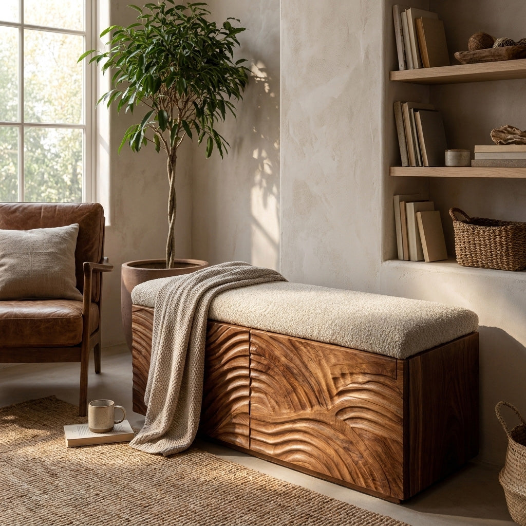 Mid Century Natural Wood Storage Bench For Bedroom Storage