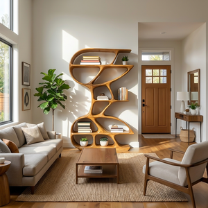 Wooden Bookshelf Unique Sculptural Design For Modern Living Room