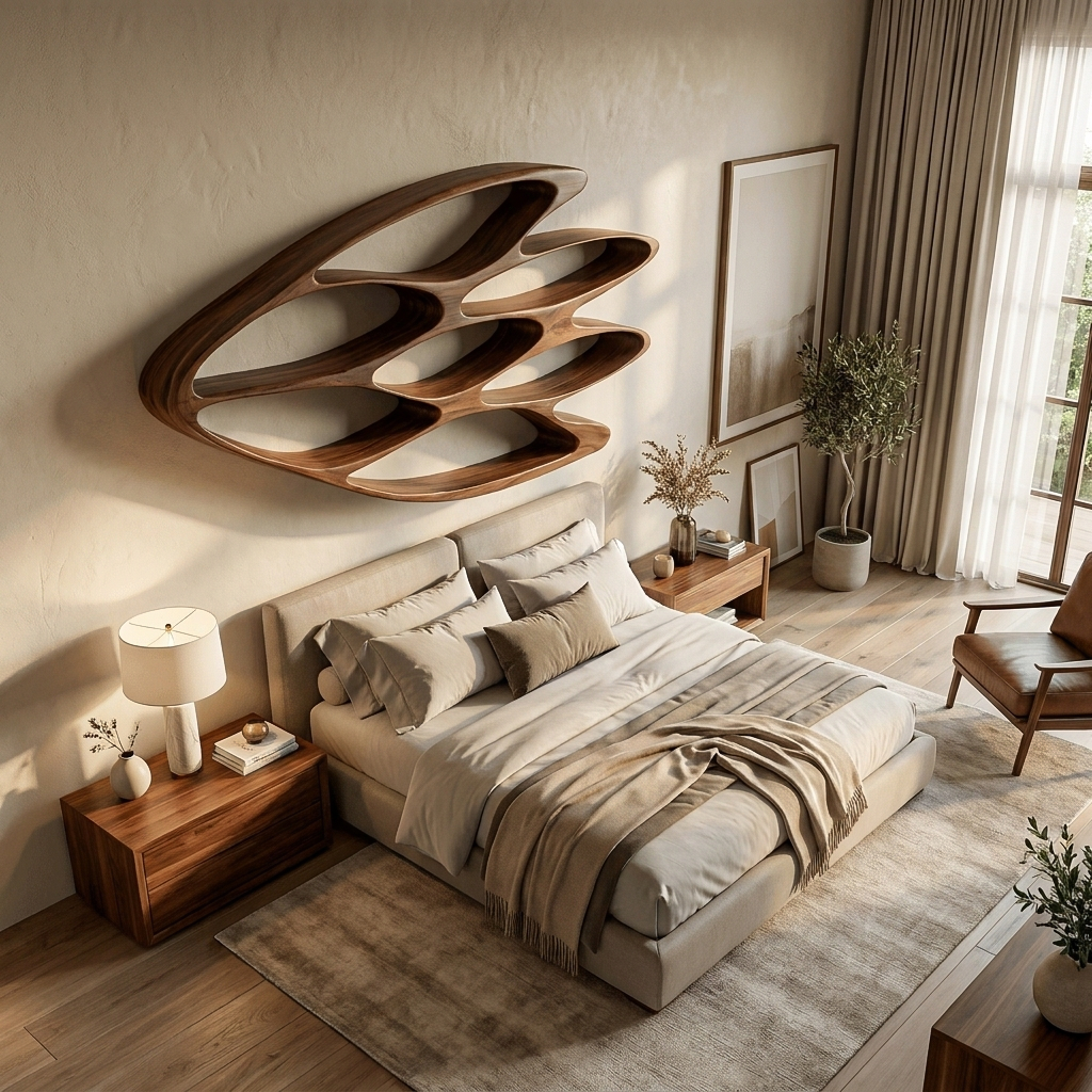 Wooden Wall Bookshelf With Unique Shape For Living Room Wall