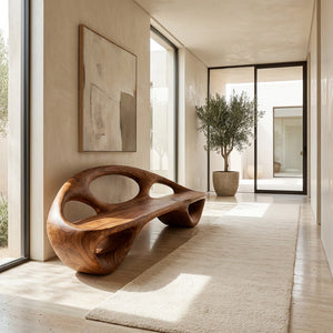 Minimalist Wood Bench With Sculptural Backrest For Living Room