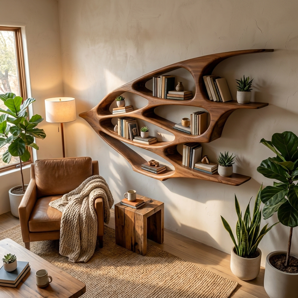 Organic Wooden Floating Bookshelf For Minimalist Home Decor