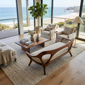 Statement Wooden Sofa With Curved Backrest For Living Decor