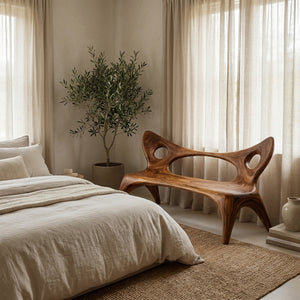 Artistic Wood Bench With Sculptural Backrest For Living Room