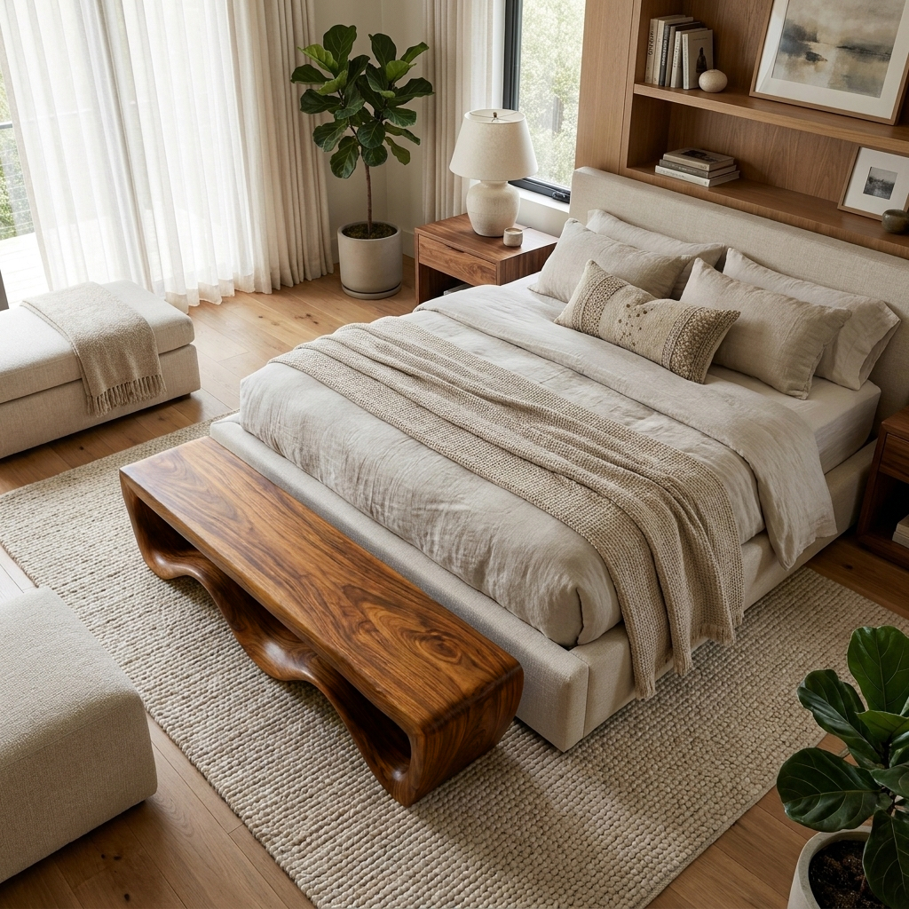 Modern Wooden Bench With Flowing Base For Hallway