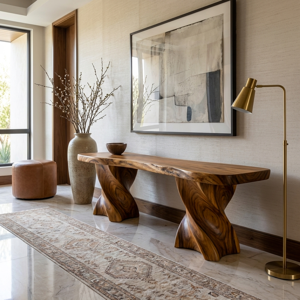 Contemporary Wooden Bench With Twisted Base For Home Living