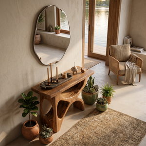 Modern Wooden Console Table With Sculptural Base For Living Decor