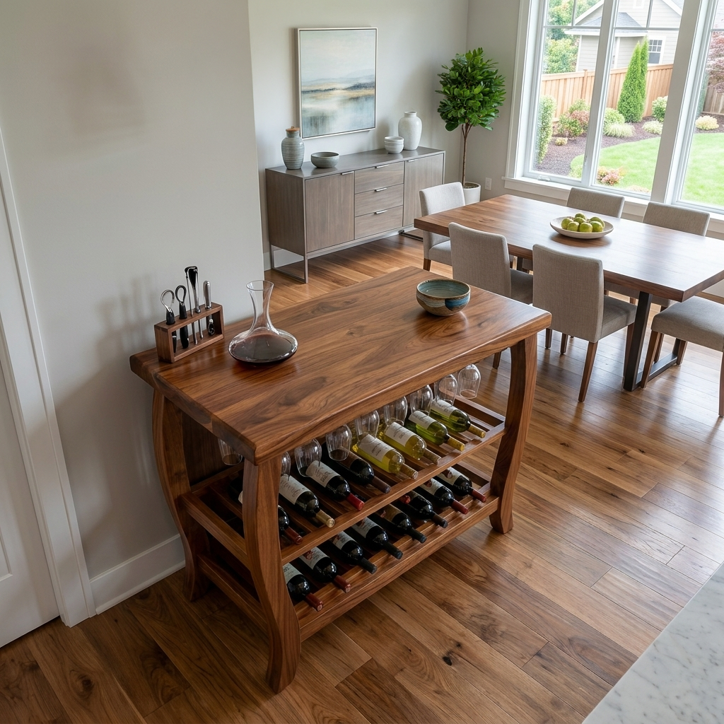 Sculptural Wooden Wine Cabinet With Glass Rack For Island Decor