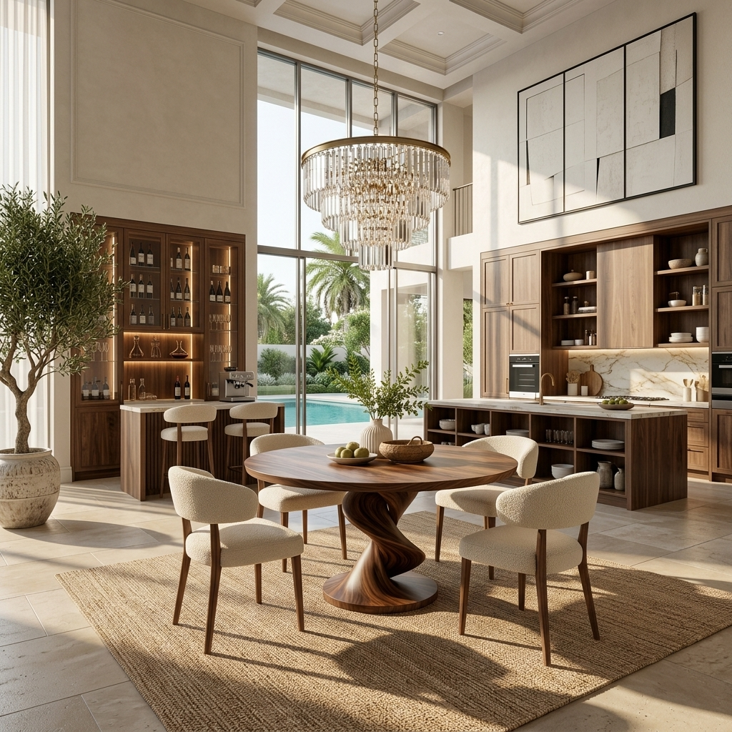 Modern Round Dining Table With Sculptural Spiral Pedestal For Kitchen
