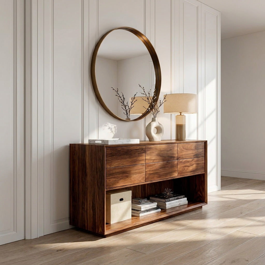 Minimal Wood Console Table With Multi Drawer For Entry Space
