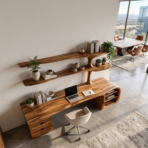 Organic Wood Desk With Sculptural Open Shelves For Home Workspace