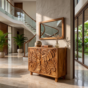 Modern Wooden Sideboard With Leaf Carved Doors For Home