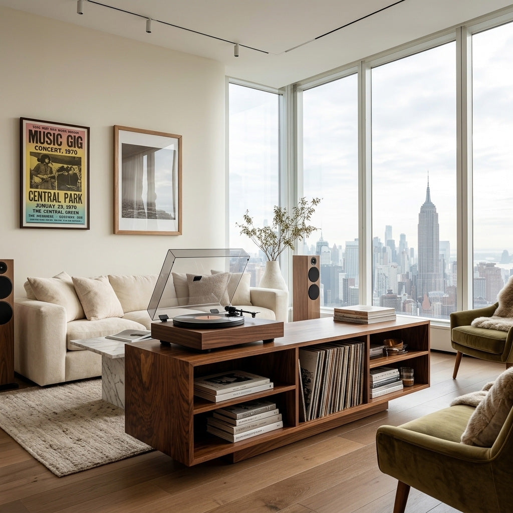 Contemporary Record Player Cabinet With Open Shelves For Living Room