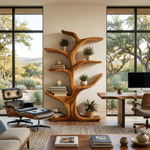 Contemporary Wood Bookshelf Sculptural Curved Design For Living Room
