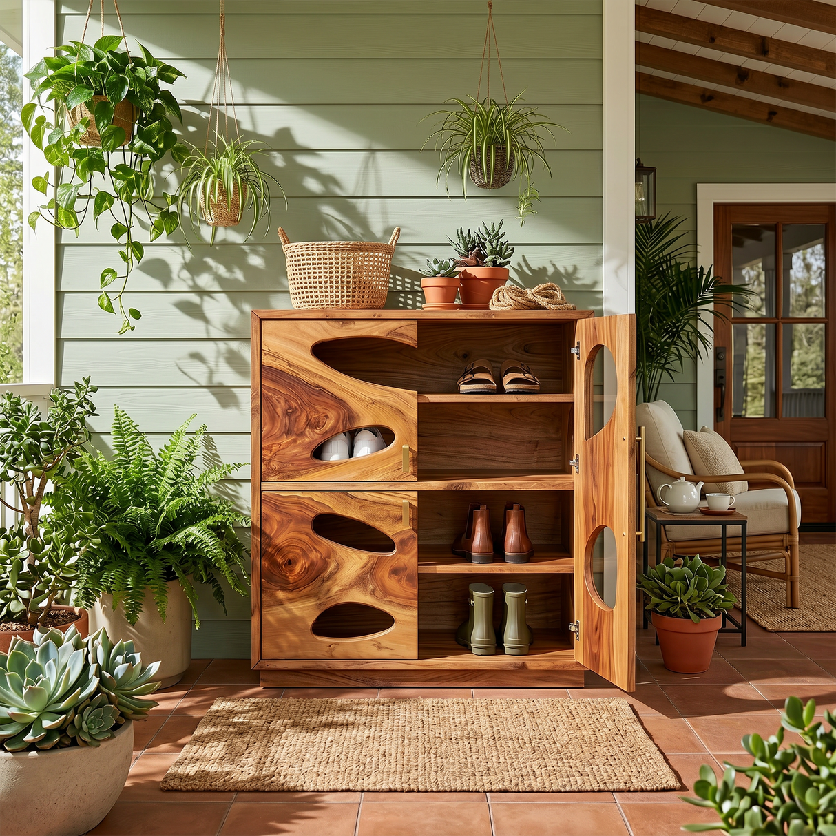 Mid Century Tall Shoe Storage Rack For Foyer Entryway Placement