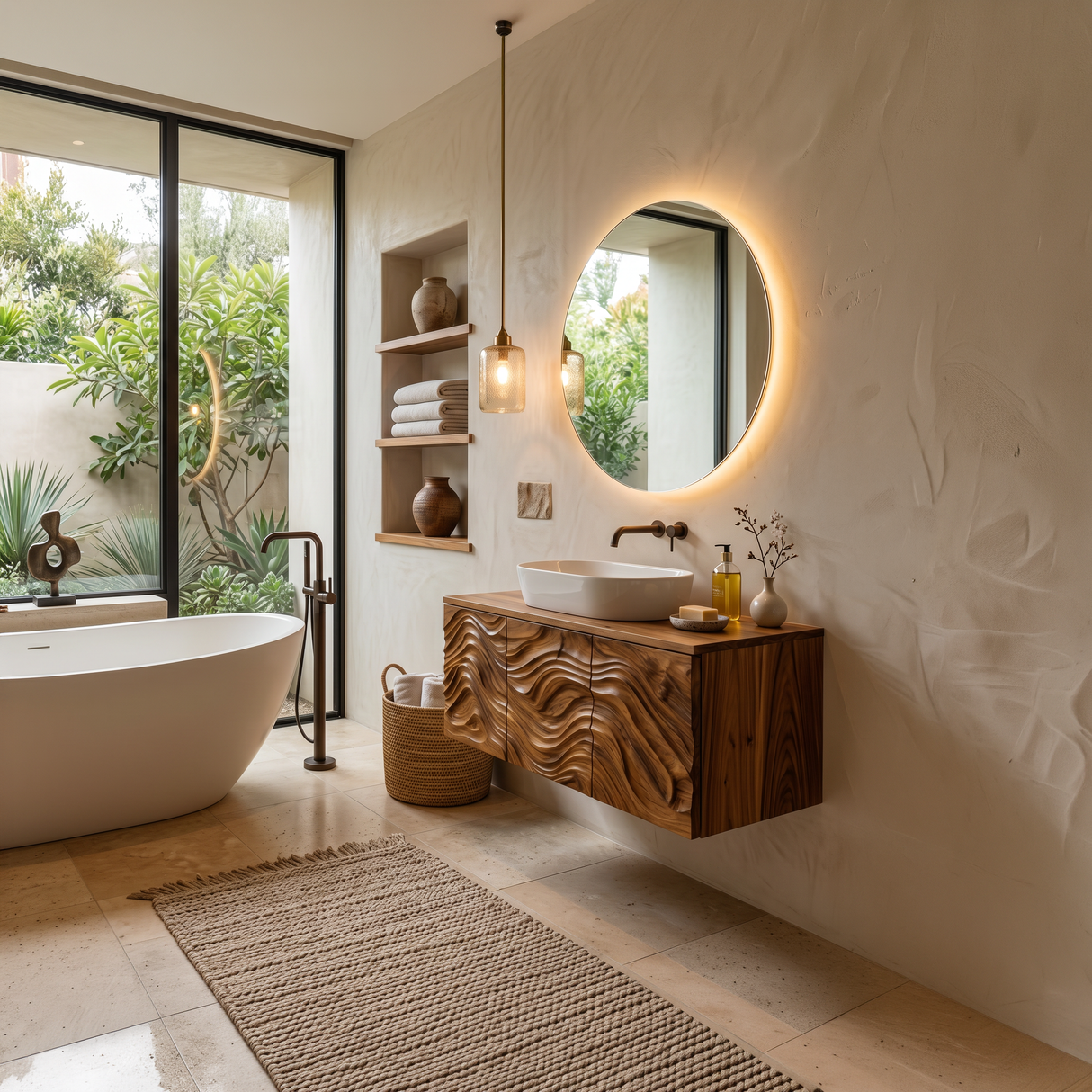 Wooden Floating Bathroom Vanity Wave Carved Cabinet For Bathroom Remodel