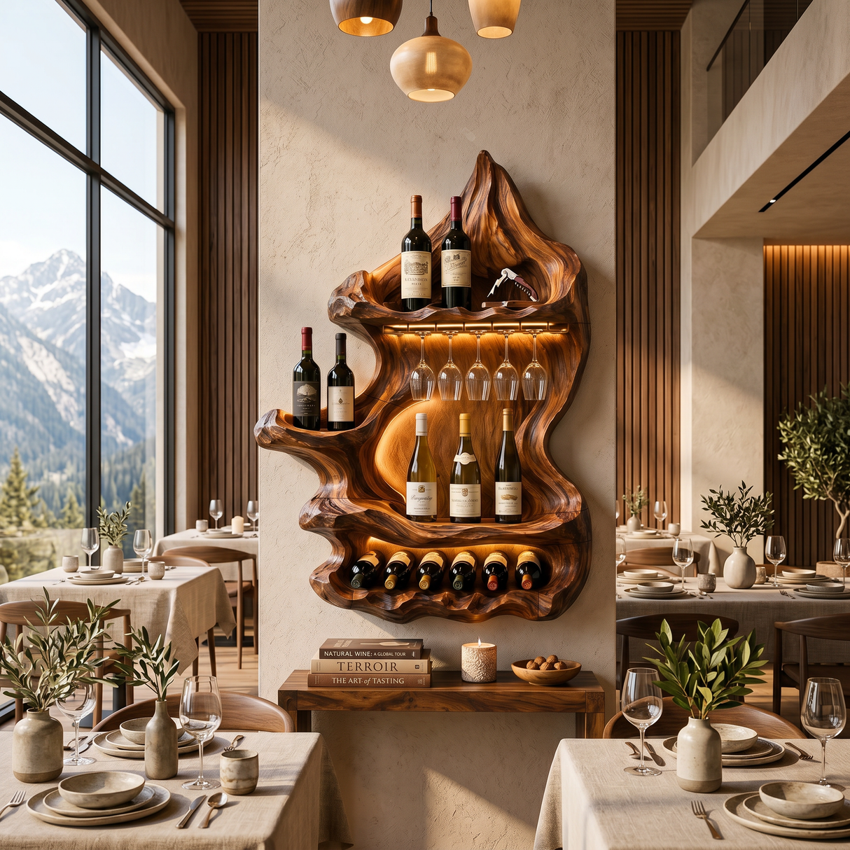 Organic Mountain Inspired Wine Shelf For Lounge Area