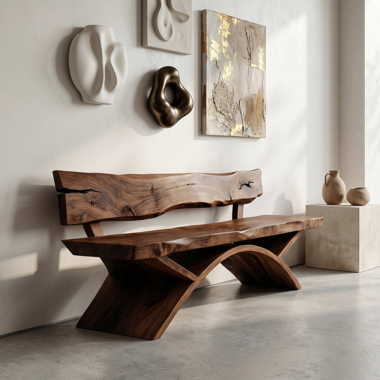 Organic Live Edge Bench With Sculptural Base For Entryway