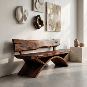 Organic Live Edge Bench With Sculptural Base For Entryway