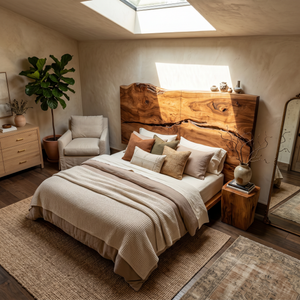 Modern Live Edge Wood Headboard For Warm Minimalist Bedroom
