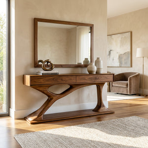 Contemporary Wooden Console Table With Sculptural Base For Living Room