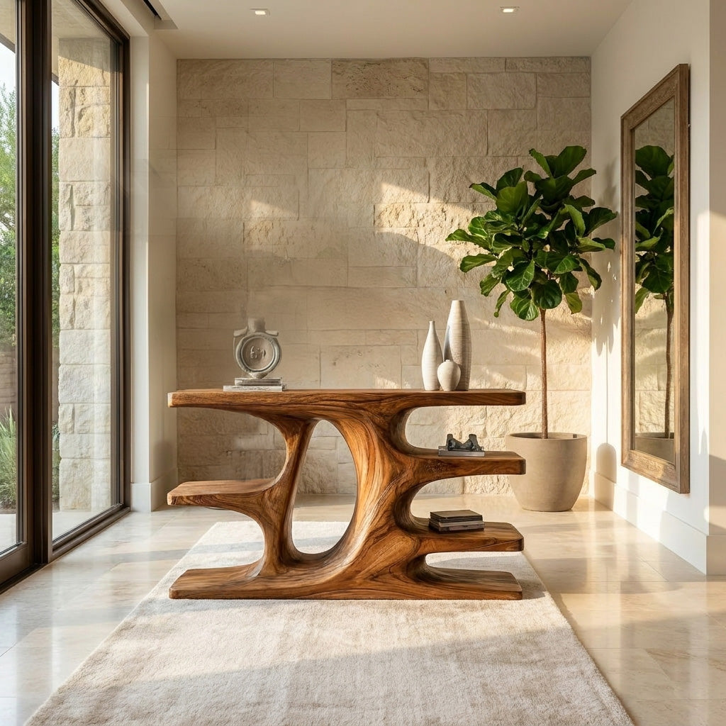 Contemporary Wooden Console Table With Shelf For Living Room