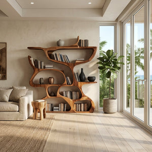 Modern Bookshelf With Organic Carved Design For Living Room Or Office