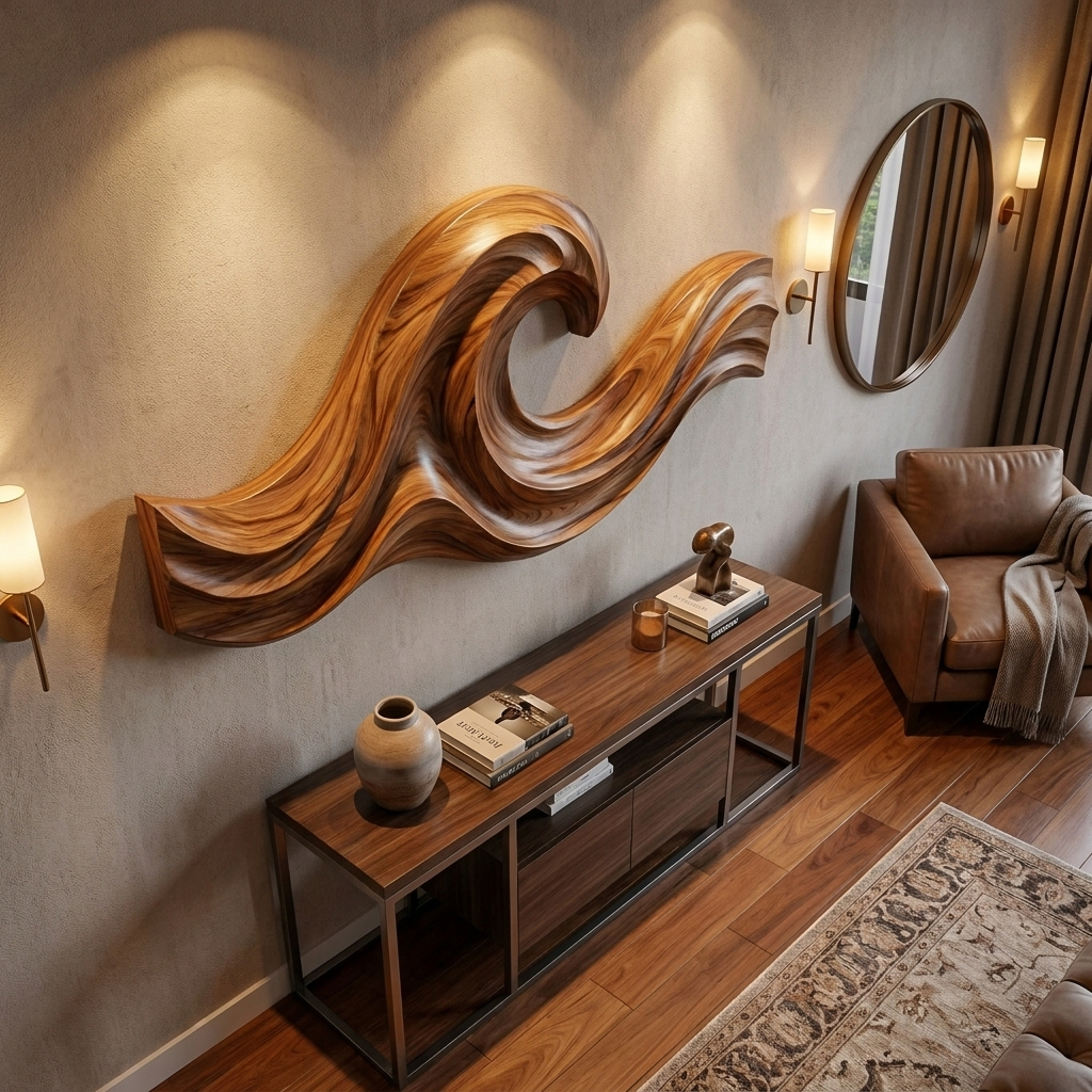 Wave Inspired Wood Wall Art For Luxury Living Room Space