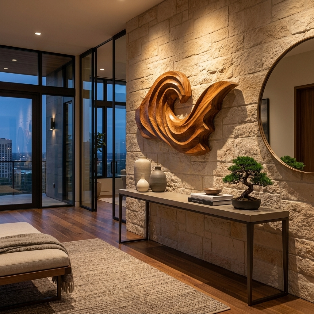 Artistic Wave Inspired Wood Wall Art For Apartment Interior