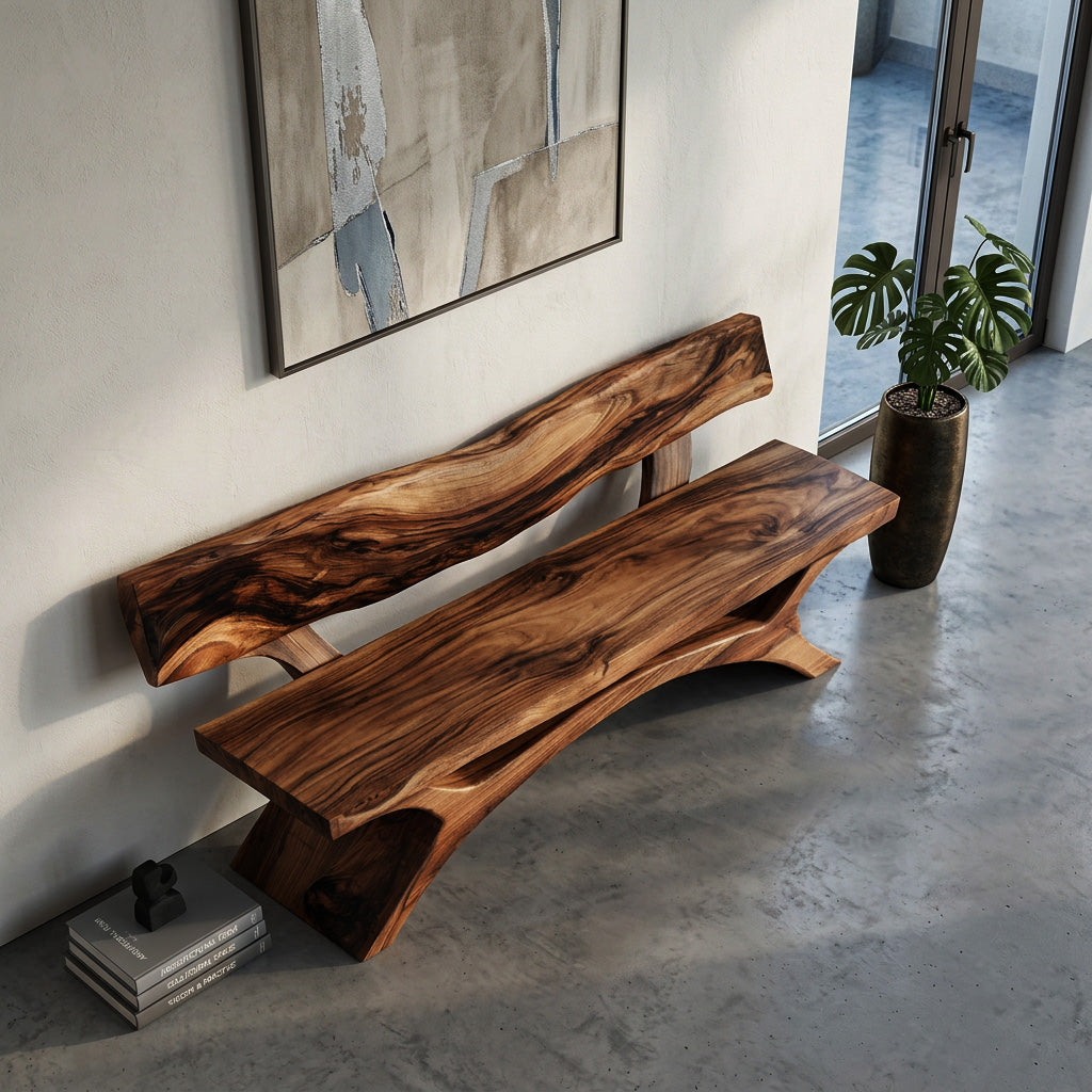 Contemporary Wooden Bench With Live Edge Backrest For Living Room