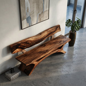 Contemporary Wooden Bench With Live Edge Backrest For Living Room