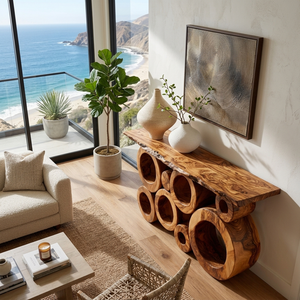Wooden Console Table With Multiple Round Blocks Base For Hallway