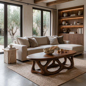 Luxury Oval Coffee Table With Interlocking Sculptural Base For Living