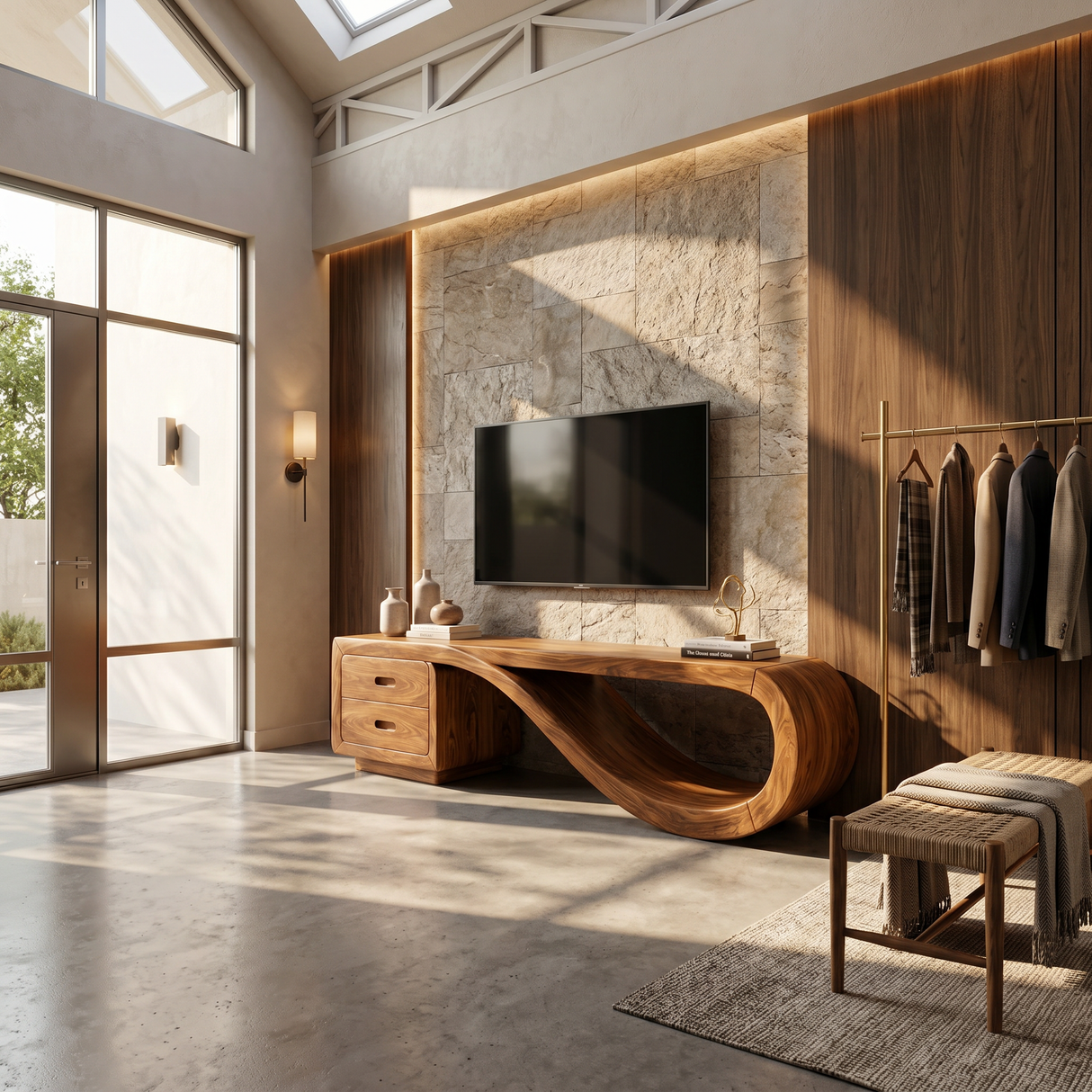 Luxury Sculptural Media Console Marble Accent Wall