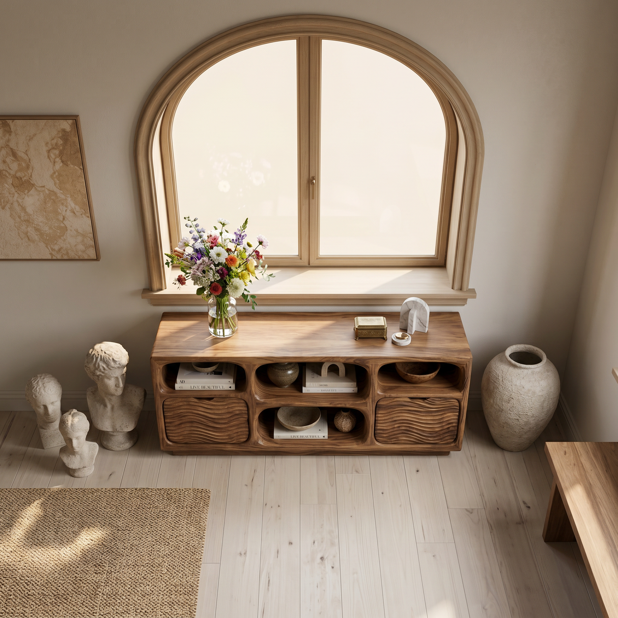Sculptural Wooden Console Table With Shelves For Modern Living Room
