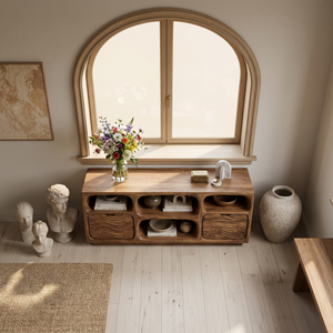 Sculptural Wooden Console Table With Shelves For Modern Living Room