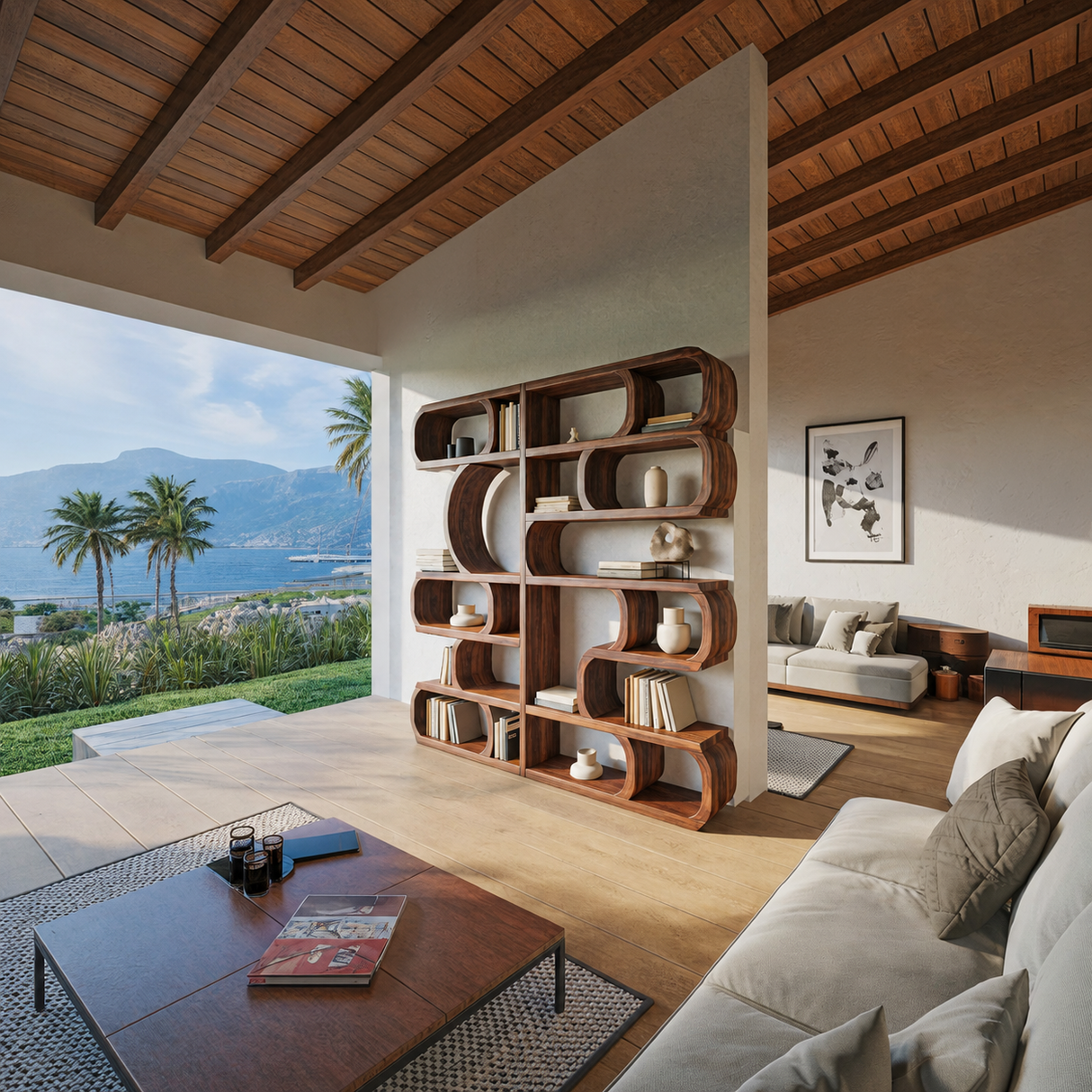 Modern Sculptural Bookshelf With Symmetrical Curves For Living Room Or Office