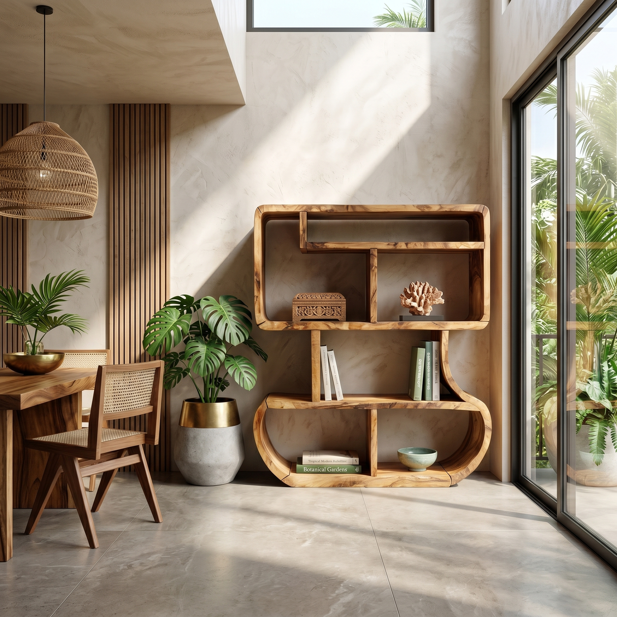 Modern Curved Wooden Bookcase With Integrated Open Storage