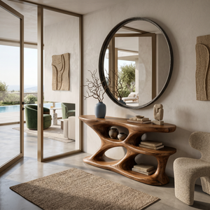 Organic Console Table With Curved Open Shelves For Statement Entryway