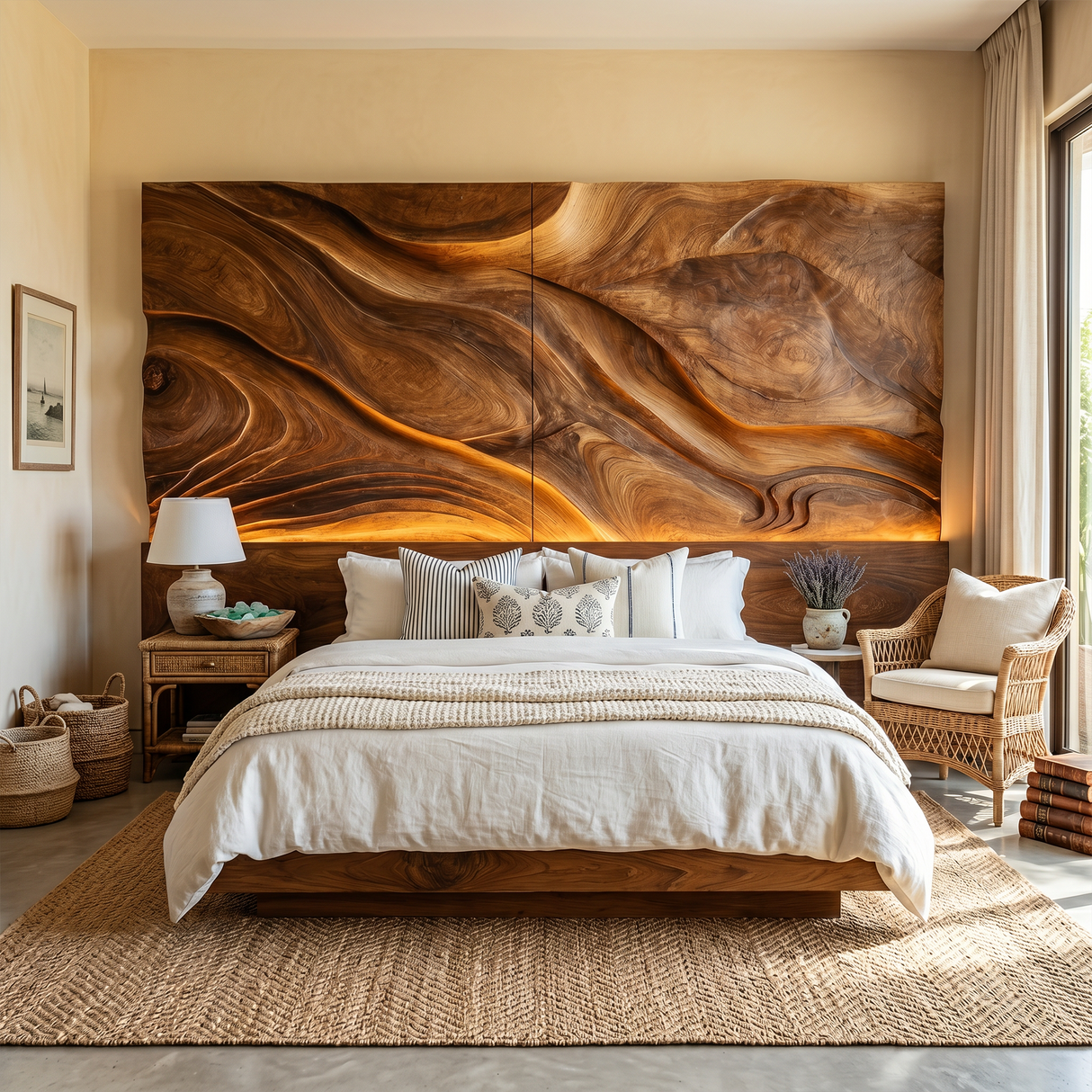 Abstract Flowing Wood Headboard For Luxury Coastal Villa Bedroom