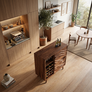 Sculptural Wine Cabinet With Wave Carved Doors For Kitchen