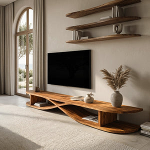 Modern Wooden Curved TV Stand For Living Room Media