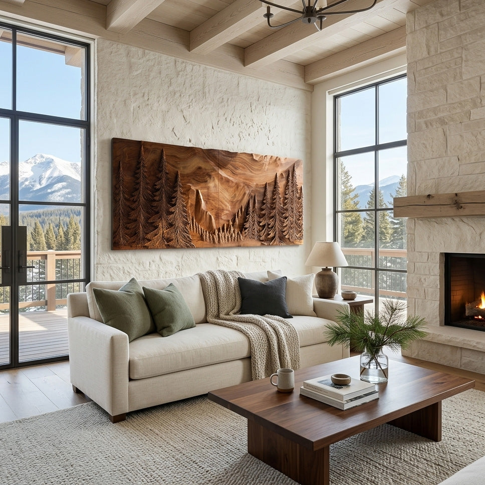 Modern Forest Mountain Wood Wall Art For Living Room
