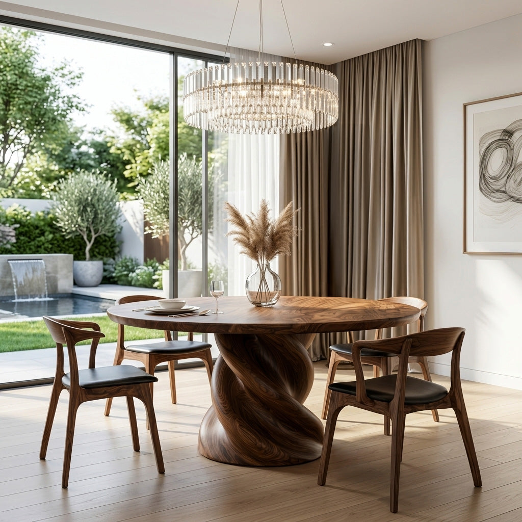 Organic Twisted Pedestal Round Wood Dining Table For Breakfast Nook