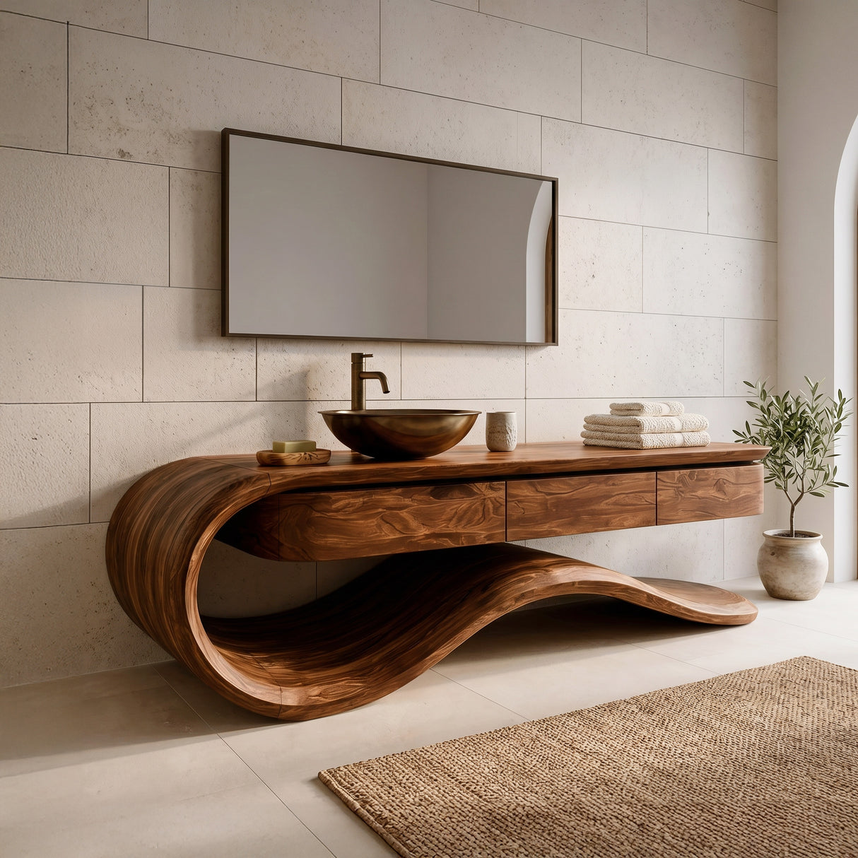 Contemporary Wooden Bathroom Vanity With Wave Base For Bathroom