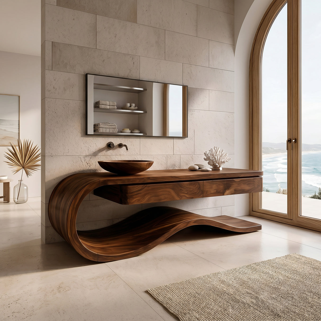 Organic Wooden Bathroom Vanity With Flowing Structure For Bathroom