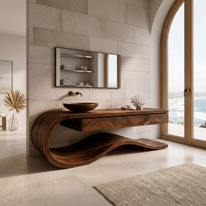 Organic Wooden Bathroom Vanity With Flowing Structure For Bathroom